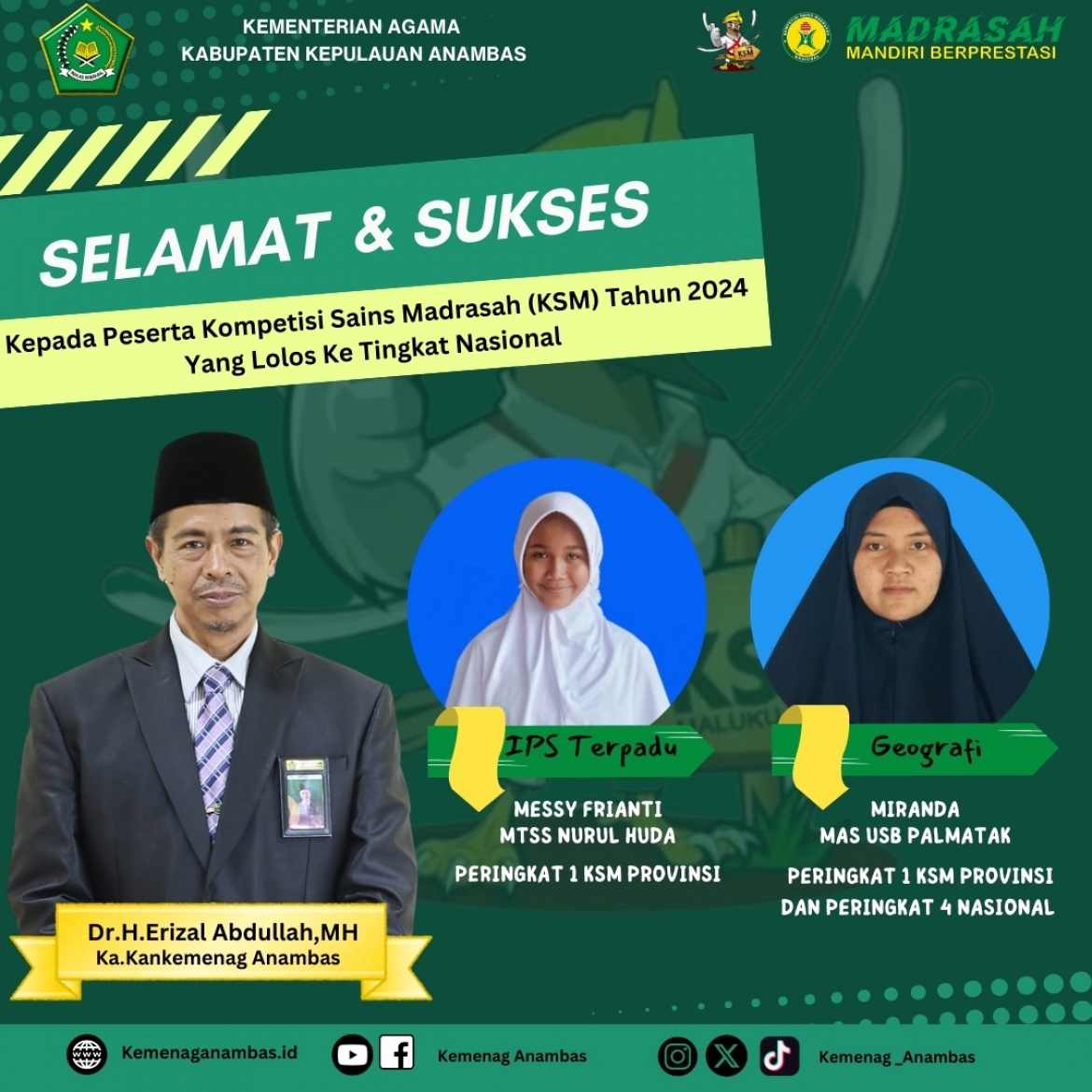 Selamat dan sukses Kepada peserta KSM tahun 2024 yang lolos ke peringkat Nasional